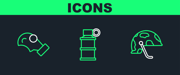 Sticker - Set line Military helmet, Gas mask and Hand smoke grenade icon. Vector