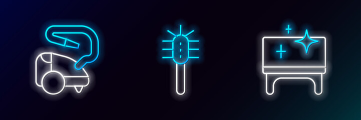 Sticker - Set line Clean table, Vacuum cleaner and Toilet brush icon. Glowing neon. Vector