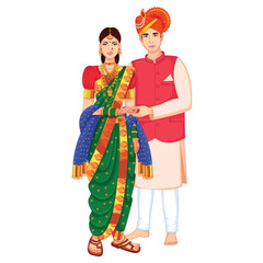 Canvas Print - Indian Wedding Couple Standing wearing Nauvari saree and Kurta