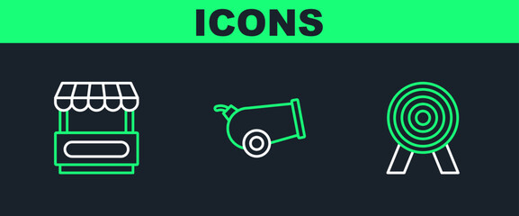 Sticker - Set line Target, Fast street food cart and Cannon icon. Vector