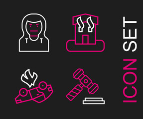 Sticker - Set line Judge gavel, Burning car, Arson home and Thief mask icon. Vector