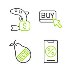 Sticker - Set line Percent discount and mobile, Healthy organic pear, Buy button and Price tag for fish icon. Vector