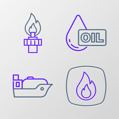 Poster - Set line Fire flame, Oil tanker ship, drop and rig with fire icon. Vector