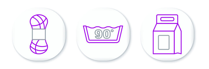 Sticker - Set line Laundry detergent, Yarn and Temperature wash icon. Vector