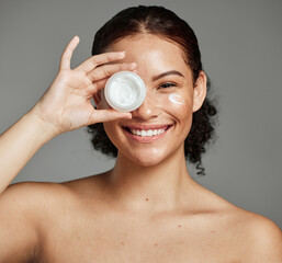 Wall Mural - black woman, smile portrait and cream for beauty wellness shine, eyes cosmetic dermatology and spa p