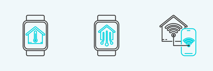 Sticker - Set line Smart home with wi-fi, watch house temperature and smart icon. Vector