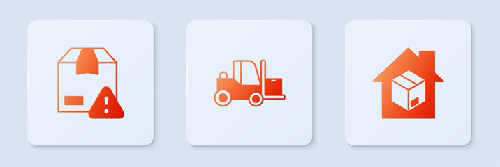 Sticker - Set Forklift truck, Delivery security with shield and Home delivery services. White square button. Vector