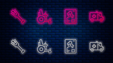 Poster - Set line Electric wheelchair, X-ray shots, Prosthesis leg and Emergency car. Glowing neon icon on brick wall. Vector