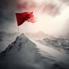 Sticker - Red flag on snowy mountain top, Generative AI illustration