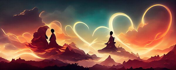 Wall Mural - romantic love hearts as clouds in evening sky for valentines day (generative ai)