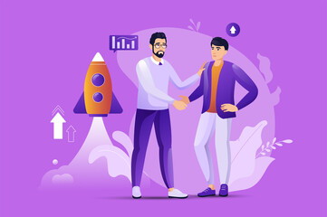 Aufkleber - Business startup concept with people scene. Men shake hands and make deal, launch new project together, invest money for profit. Characters situation in flat design for web.
