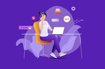 Aufkleber - Call center concept with people scene. Woman works on hotline, answers customer calls and online chat, solves problems and advices. Characters situation in flat design for web.