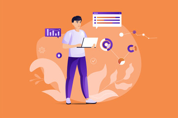 Aufkleber - Data analysis concept with people scene. Man works with statistics in graphs, explores and organizes data for reports and accounting. Characters situation in flat design for web.