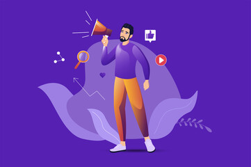 Poster - Digital marketing concept with people scene. Man with megaphone attracts new customers, making social media advertising campaign. Characters situation in flat design for web.