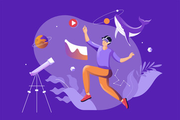 Aufkleber - Metaverse concept with people scene. Man in VR headset gadget interacting with virtual objects in augmented reality simulation. Characters situation in flat design for web.