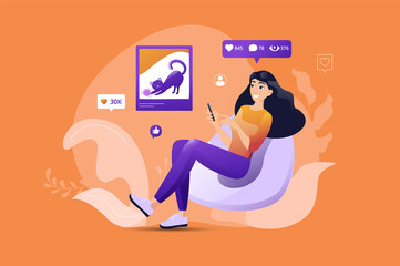 Poster - Social media concept with people scene. Woman surfing Internet and watches and likes of new posts, looking at photos and videos. Characters situation in flat design for web.