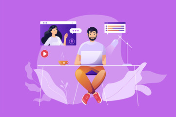 Aufkleber - Video conference concept with people scene. Man discusses work tasks with woman on group online chat, distance teamwork from laptop. Characters situation in flat design for web.