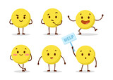 Fototapeta Panele - Emoticons with round yellow character vector illustrations set. Drawings of comic circle in different poses, happy, surprised, asking for help on white background. Emotions, communication concept
