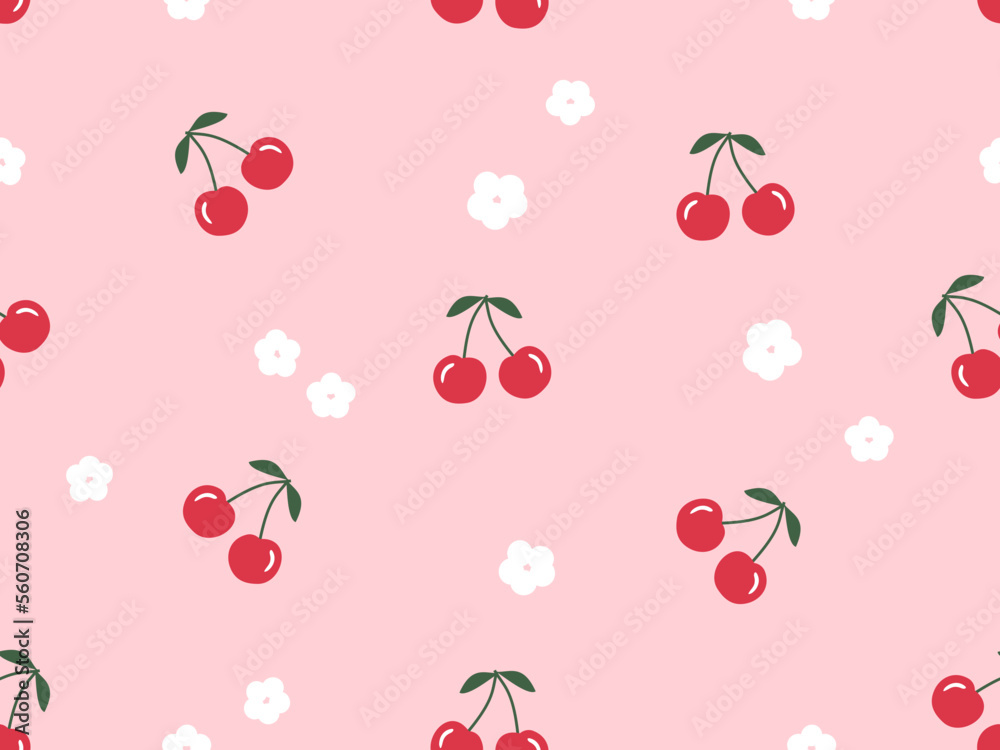 Seamless pattern of cherry fruit with white flower on pink background vector.