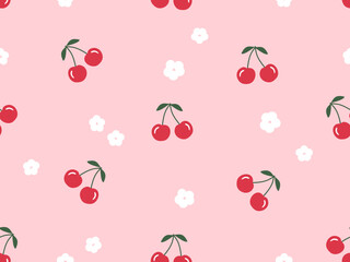 Wall Mural - Seamless pattern of cherry fruit with white flower on pink background vector.