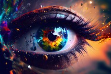 Colorful Universe Reflex Close Up Of Eye,Chaos Fantasy Background.Ai Generated