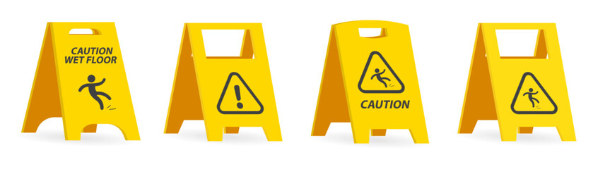 Caution wet floor sign plate collection. Hazard plate isometric