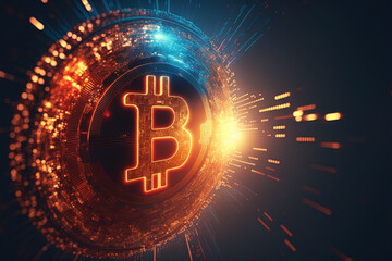 Bitcoin on vibrant bokeh light abstract background. Finance and technology concept. Generative AI