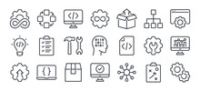 DevOps Methodology And Software Development Concept Editable Stroke Outline Icons Set Isolated On White Background Flat Vector Illustration. Pixel Perfect. 64 X 64.