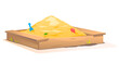 Wooden square sandbox with heap of sand and toys, isolated