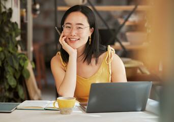 Poster - Startup, Asian portrait or business woman with smile for networking success, online communication or blog content idea. Happy, motivation or girl with laptop for social media, planning or SEO review