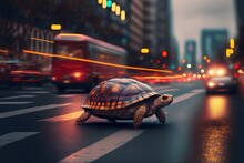 Illustration Of Turtle In City Street As Background With Bokeh Light, Fast Car Is Coming While Turtle Walking Cross The Street