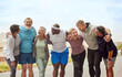 © Siphosethu/peopleimages.com - Fitness, senior group of people and smile outdoor together for exercise motivation, retirement health support and diversity on training workout. Elderly athletes, happiness hug and sports friends