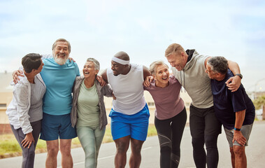 Fitness, senior group of people and smile outdoor together for exercise motivation, retirement health support and diversity on training workout. Elderly athletes, happiness hug and sports friends