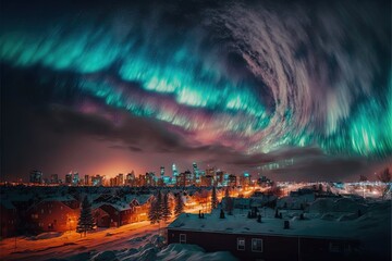 Wall Mural -  a city with a lot of lights in the sky and a lot of snow on the ground and a lot of buildings in the background with lights in the sky and snow on the ground.