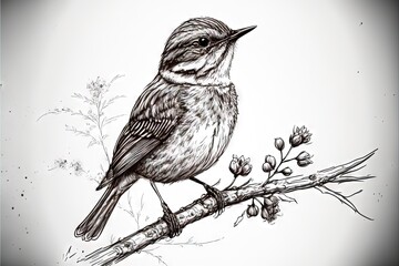 Wall Mural - a bird sitting on a branch with flowers in the background and a white background behind it, with a b
