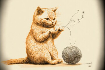 Wall Mural -  a drawing of a cat playing with a ball of yarn and a ball of thread on the ground with a string attached to it, with a string attached to the cat's tail.