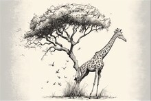  A Giraffe Standing Next To A Tree With Birds Flying Around It On A White Background With A Black Border Around It And A White Background With A Black Border With A White Border.