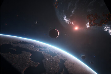 Wall Mural - generative ai illustration of planets and shining stars galaxy in space.
