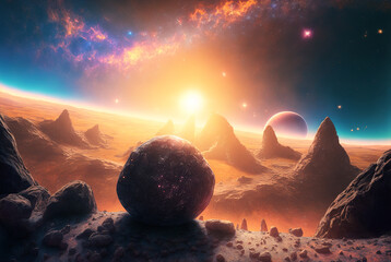 Wall Mural - generative ai illustration of planets and shining stars galaxy in space.