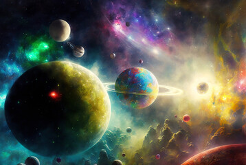 Wall Mural - generative ai illustration of planets and shining stars galaxy in space.