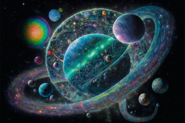 Wall Mural - generative ai illustration of planets and shining stars galaxy in space.