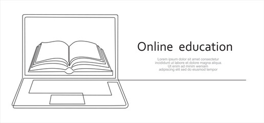 Wall Mural - Continuous line drawing or one line drawing of a book on a computer. Vector illustration of modern education and technology. Online education concept. Illustration with quote template. 