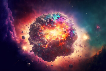 Wall Mural - generative ai illustration of planet explosion and shining stars galaxy in space.