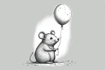 Sticker -  a mouse holding a balloon in its hand and a balloon in the air with a balloon attached to it, on a gray background with a white border, with a black border, and.