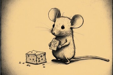 Sticker -  a mouse with a piece of cheese in its hand and a piece of cheese in the other hand, on a beige background, with a black border, sepia, sepia,.