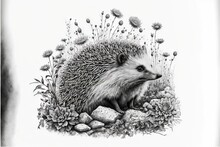  A Hedgehog Sitting On A Rock Surrounded By Flowers And Rocks, With A White Background And A Black And White Drawing Of A Hedgehog Sitting On A Rock Surrounded By Flowers And Grass.