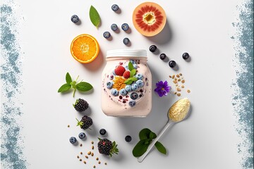 Wall Mural -  a jar of fruit and berries on a table with a spoon and spoon rest on the table next to it is a spoon with a spoon and a bowl of berries, a spoon,. Generative AI