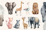 Fototapeta Pokój dzieciecy -  a group of animals that are standing in the grass together on a white background with a watercolor effect of them and the animals are all different colors of the same size and shape and size.