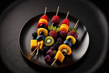 Wall Mural -  a plate of fruit on a stick with a black background and a black plate with a black edge holding a variety of fruit on a stick with a bite of a bite of fruit on a.