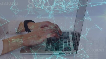 Poster - Animation of plexus networks and multiple changing numbers over mid section of woman using laptop